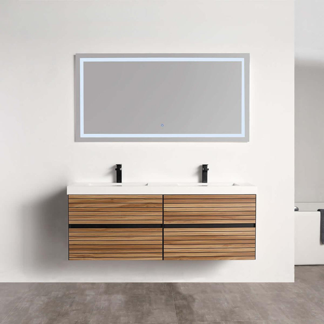 Blossom Annecy 60" Double Sink Wall-Hung Vanity - Modern Minimalist Design with Soft-Closing Drawers in Dark Walnut
