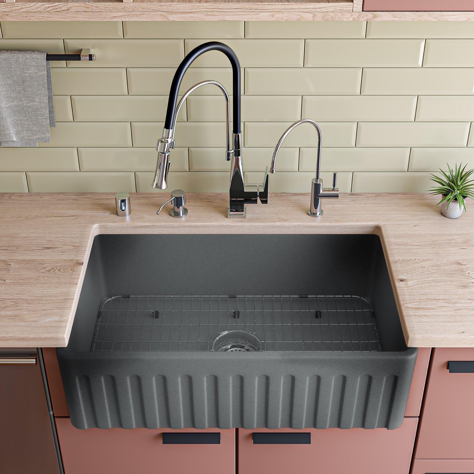 ALFI brand ABCO3320SB Concrete Color 33 inch Reversible Single Fireclay Farmhouse Kitchen Sink