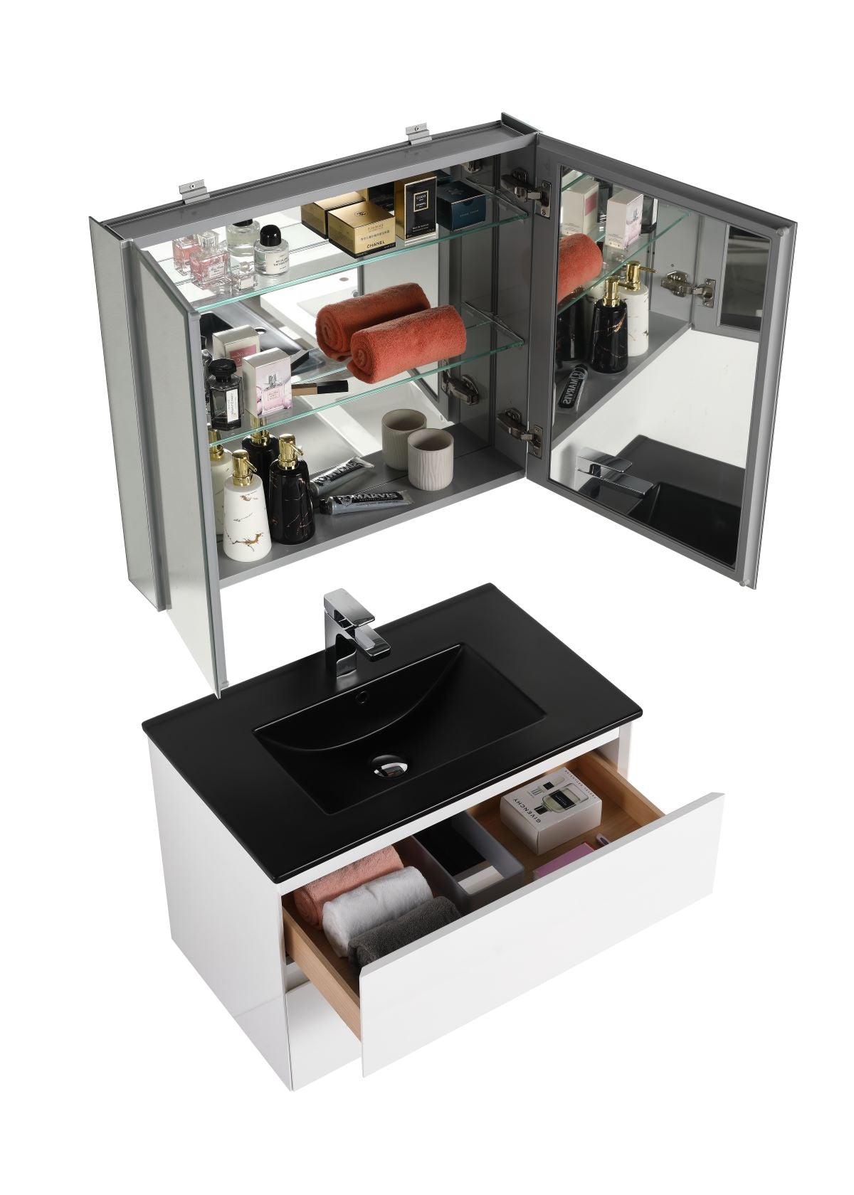 Blossom Assisi 30" White Vanity - Eco-Friendly Minimalist Design with Soft-Closing Drawers, Black Ceramic Basin, up, open