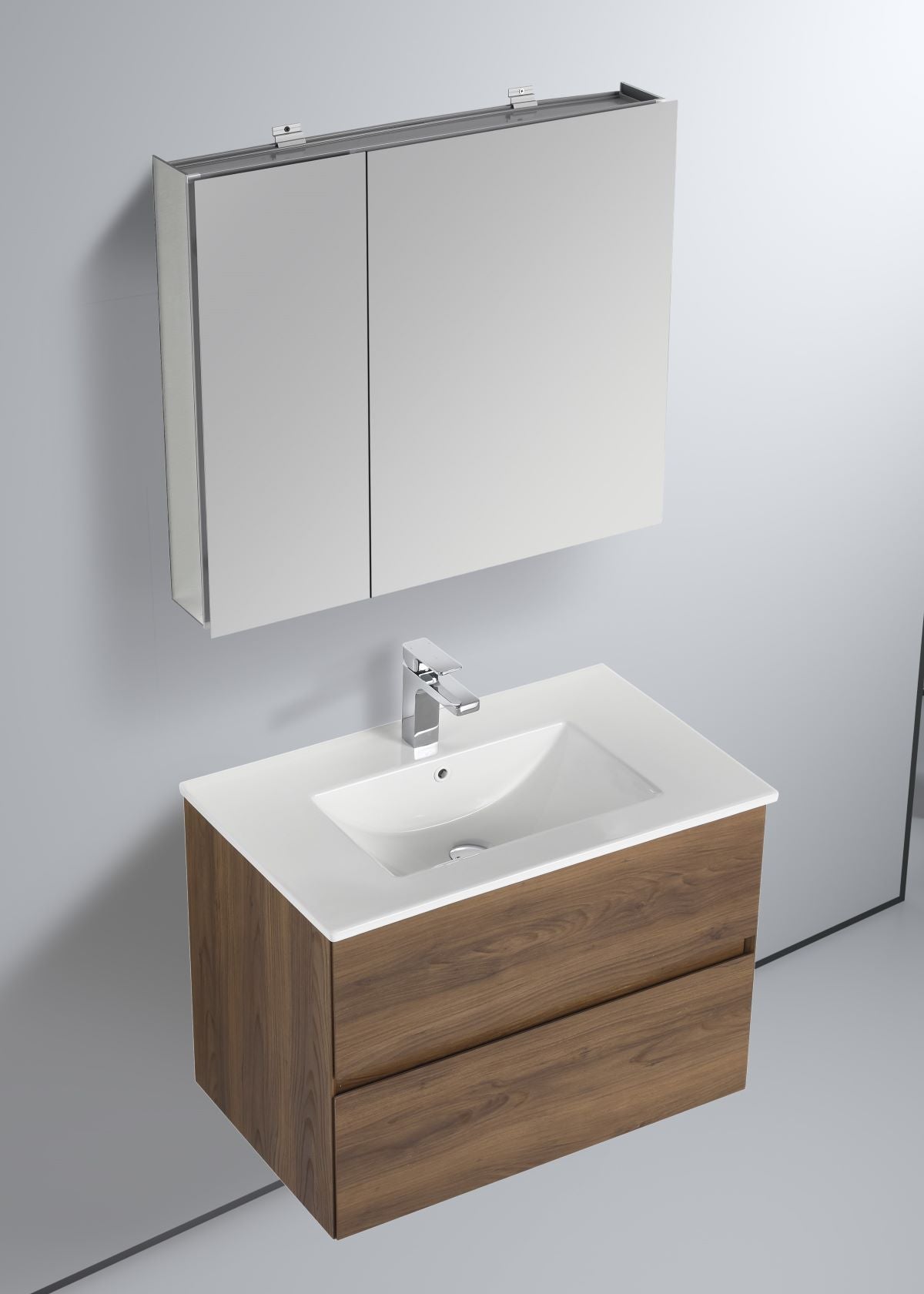 Blossom Assisi 30" Brown Walnut Vanity - Eco-Friendly Minimalist Design with Soft-Closing Drawers, White Acrylic Basin, side1