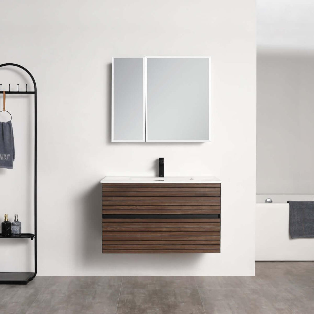 Blossom Annecy 36″ Wall-Hung Vanity - Modern Minimalist Design with Soft-Closing Drawers in Dark Walnut - front, acrylic basin