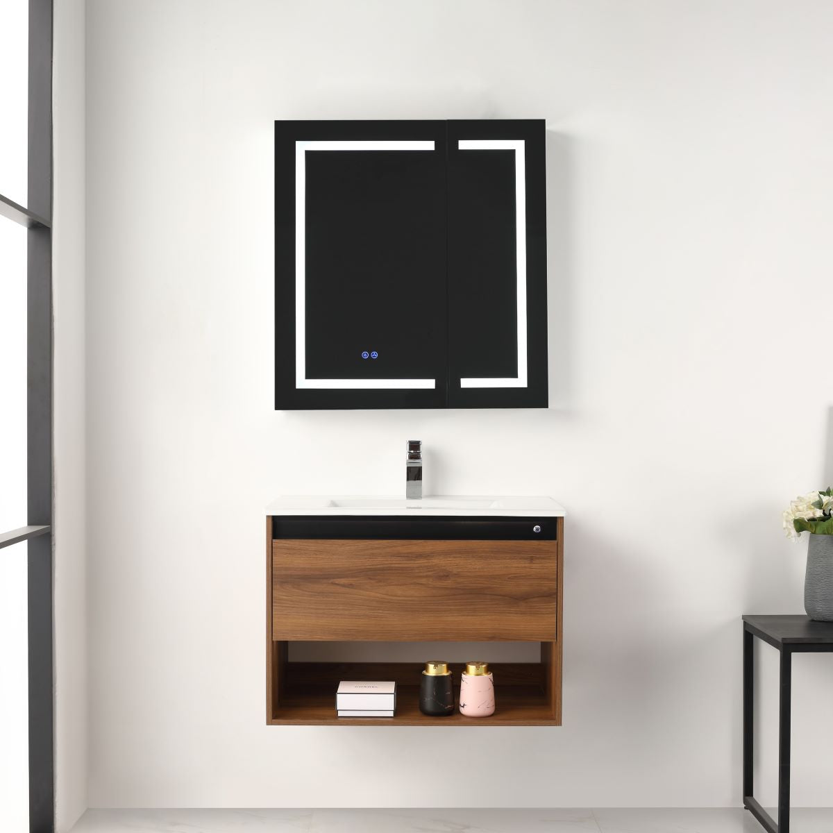 Blossom Bergen Brown Walnut 30" Vanity with Dual LED Illumination - Adjustable Lighting, ceramic Basin, front 1