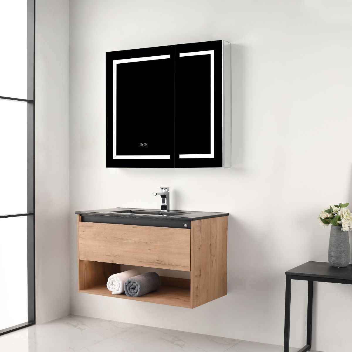 Blossom Bergen Classic Oak  36" Vanity with Dual LED Illumination - Adjustable Lighting, Black Basin, side