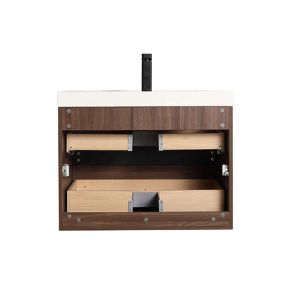 Blossom Annecy 30″ Wall-Hung Vanity - Modern Minimalist Design with Soft-Closing Drawers in Dark Walnut and Maple