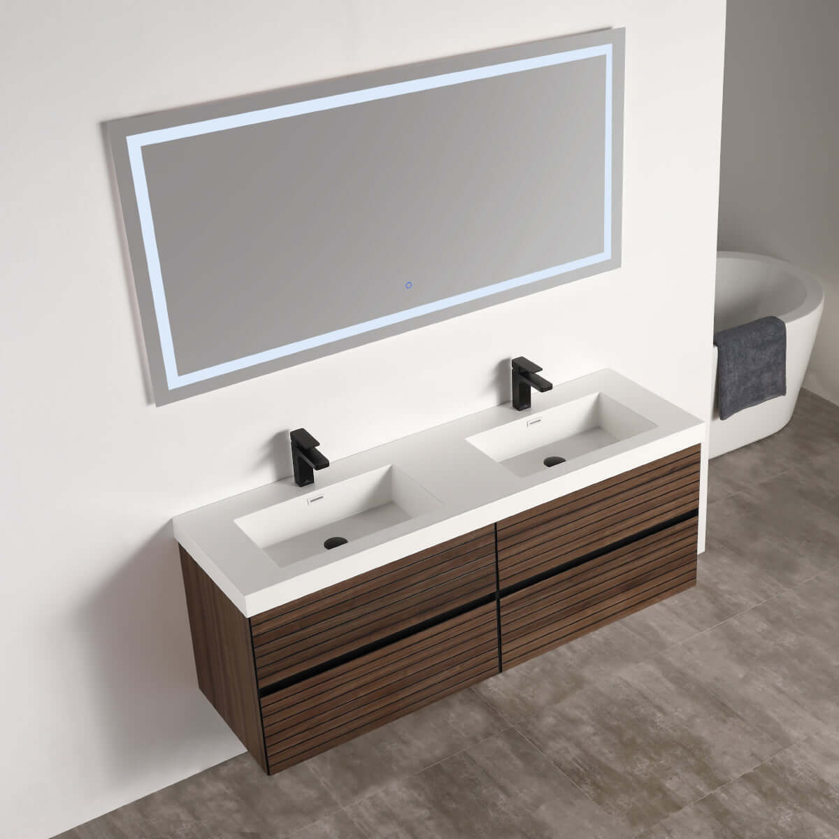 Blossom Annecy 48" Double Sink Wall-Hung Vanity - Modern Minimalist Design with Soft-Closing Drawers in Dark Walnut - up view