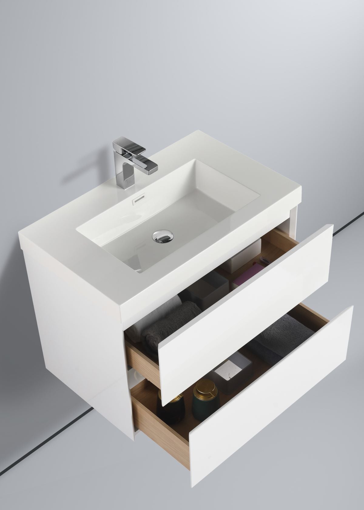 Blossom Assisi 30" Vanity - Eco-Friendly Minimalist Design with Soft-Closing Drawers, Glossy White, Acrylic Basin, open