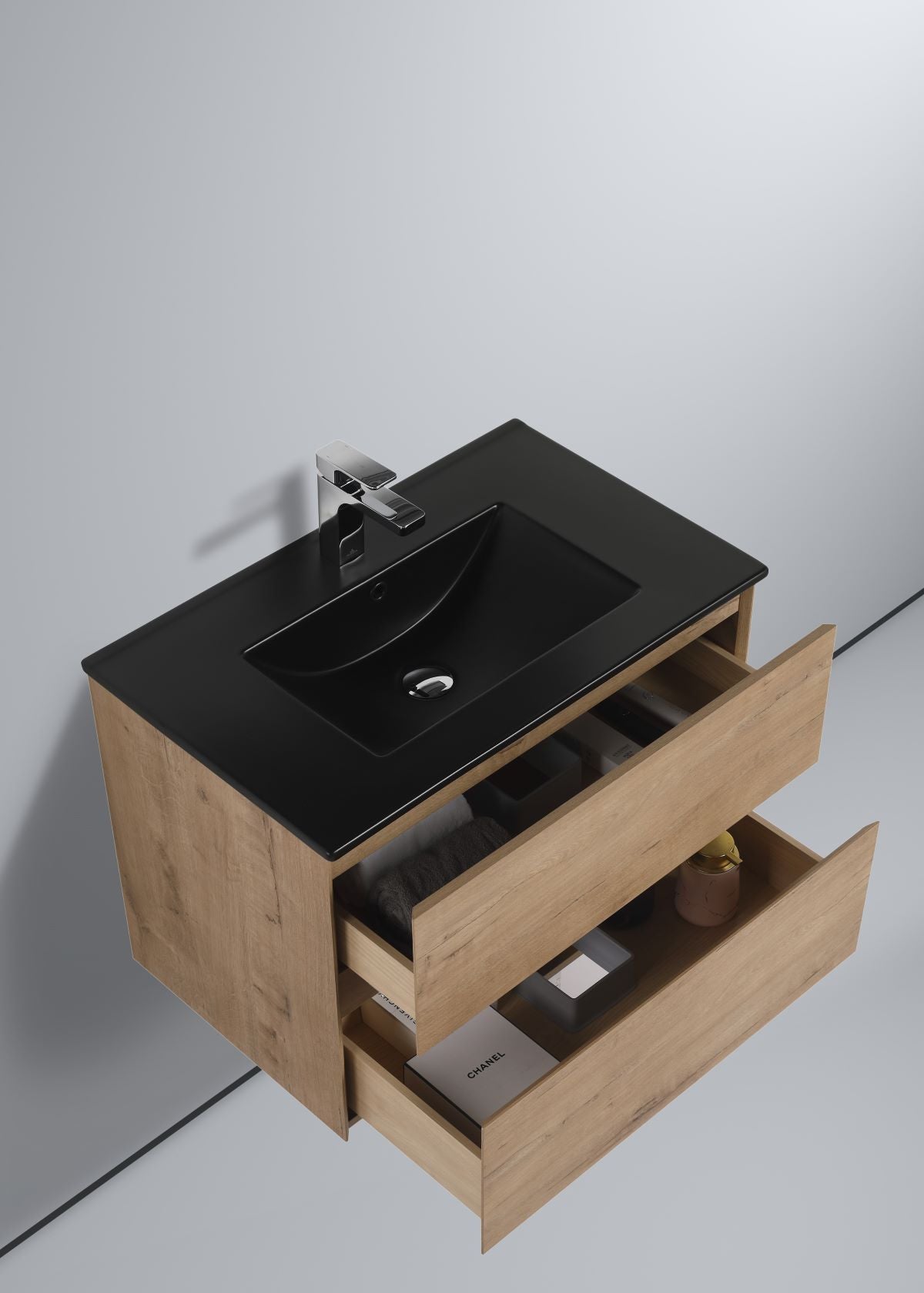 Blossom Assisi 30" Classic Oak Vanity - Eco-Friendly Minimalist Design with Soft-Closing Drawers, Black Ceramic Basin, open