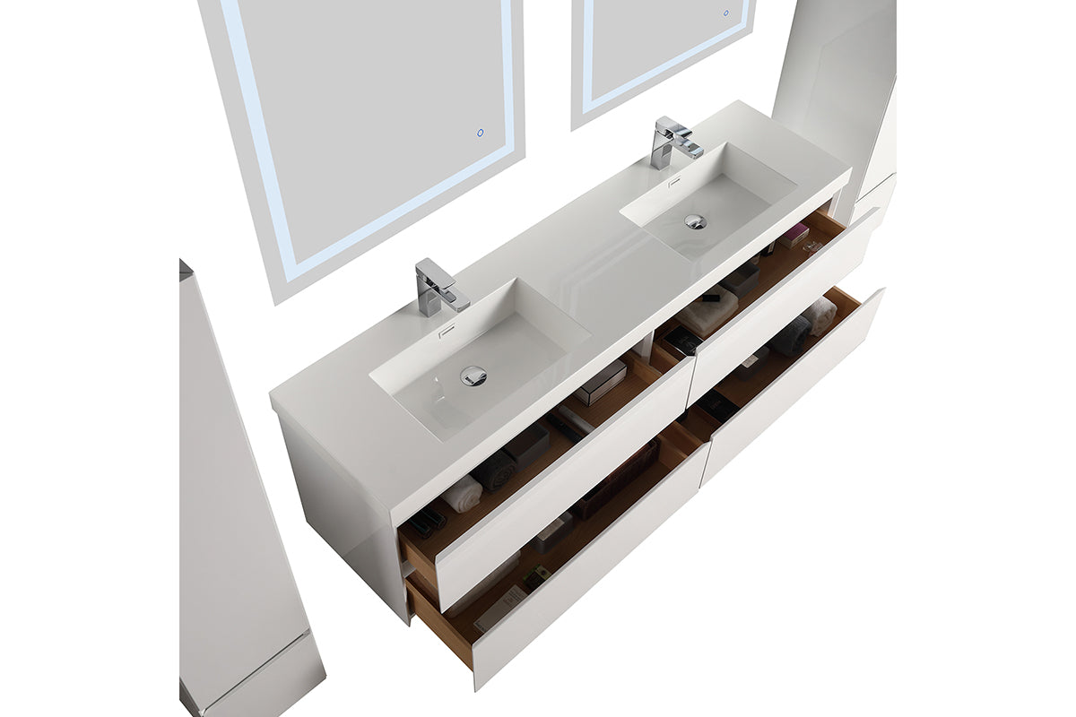 Blossom Assisi 72" Double sink Vanity - Luxurious Minimalist Design with Soft-Closing Drawers, Glossy White, up, open