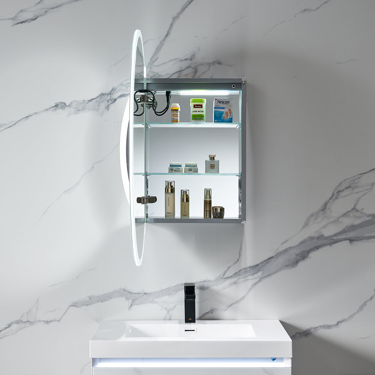 Blossom Spica 24″ Oval LED Medicine Cabinet - open