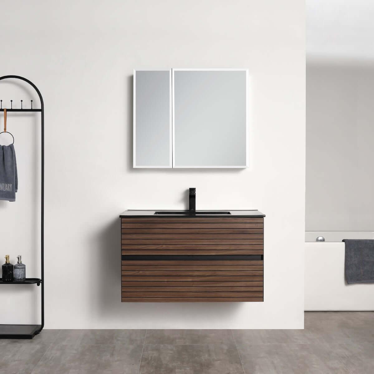 Blossom Annecy 36″ Wall-Hung Vanity - Modern Minimalist Design with Soft-Closing Drawers in Dark Walnut - front black ceramic basin