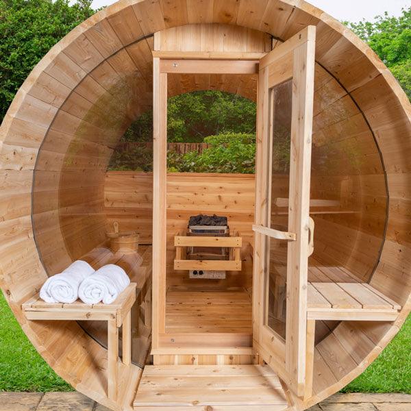 Dundalk LeisureCraft Serenity MP Barrel Sauna - Front, Open
