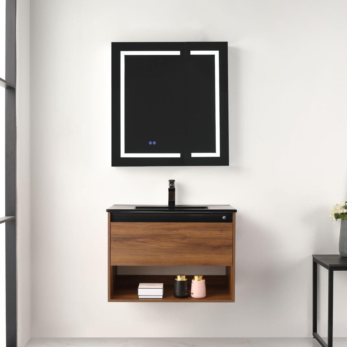 Blossom Bergen Brown Walnut 30" Vanity with Dual LED Illumination - Adjustable Lighting, ceramic Black Basin