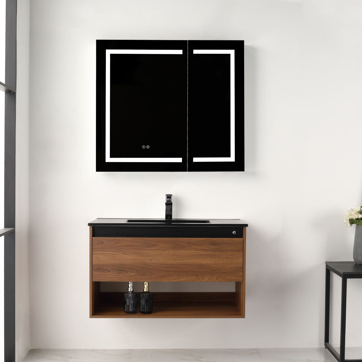 Blossom Bergen Brown Walnut 36" Vanity with Dual LED Illumination - Adjustable Lighting, Black Basin, front