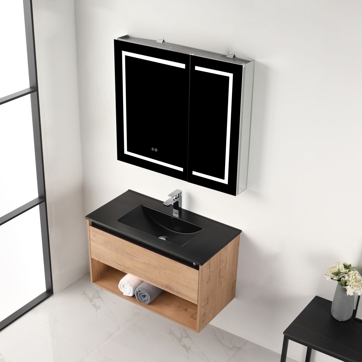 Blossom Bergen Classic Oak  36" Vanity with Dual LED Illumination - Adjustable Lighting, Black Basin, side, up