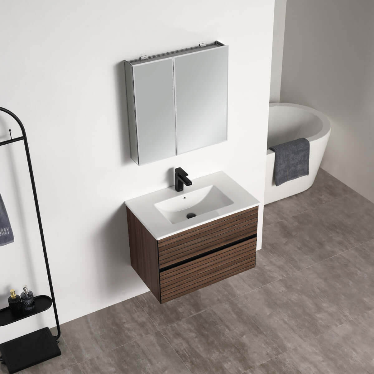 Blossom Annecy 30″ Wall-Hung Vanity - Modern Minimalist Design with Soft-Closing Drawers in Dark Walnut and Maple