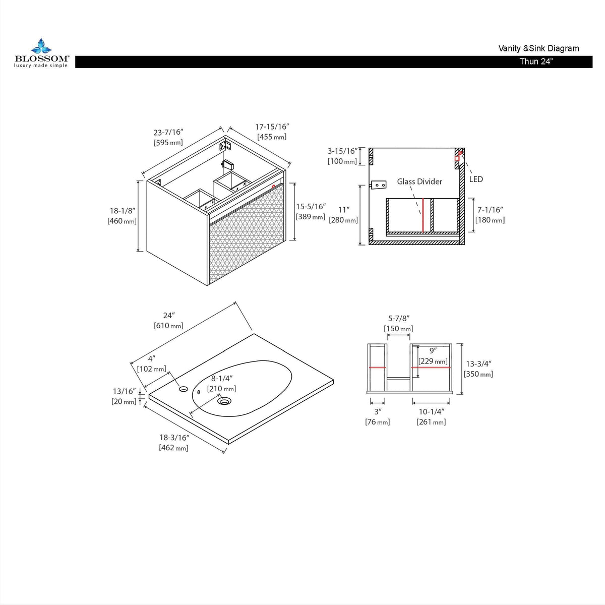 Blossom Thun Khaki 24″ Vanity,  Droplet-Shaped Basin - LED Illuminated & 3D Diamond Pattern, diagram
