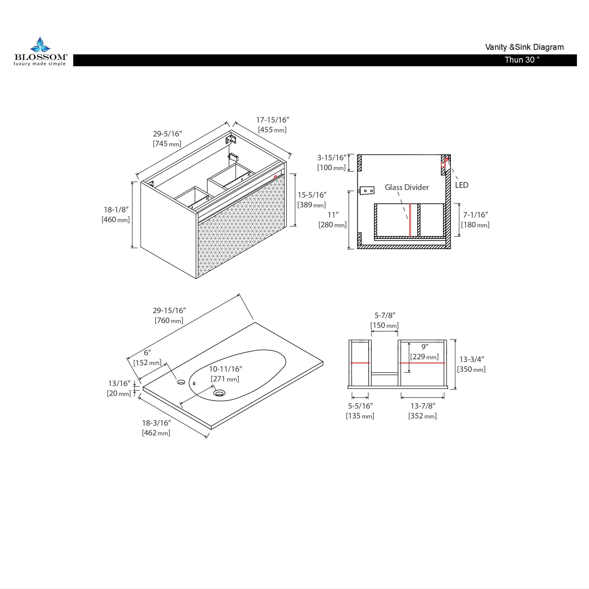 Blossom Thun Khaki 30″ Vanity with Droplet-Shaped Basin - LED Illuminated, diagram