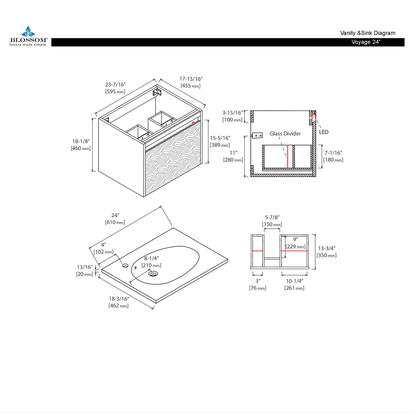 Blossom Voyage Wall-Hung 24" Glossy White Vanity,  Acrylic Sink, LED Lighting, diagram