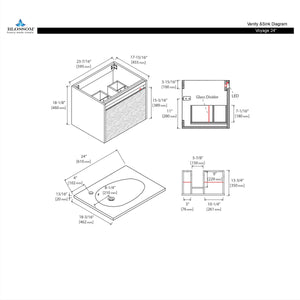 Blossom Voyage Wall-Hung 24" Glossy White Vanity,  Acrylic Sink, LED Lighting, diagram