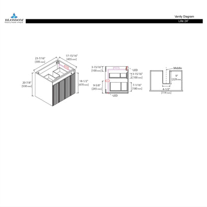 Blossom Lille 24" Brown Walnut Vanity with LED Lights & Soft-Close Drawers, diagram