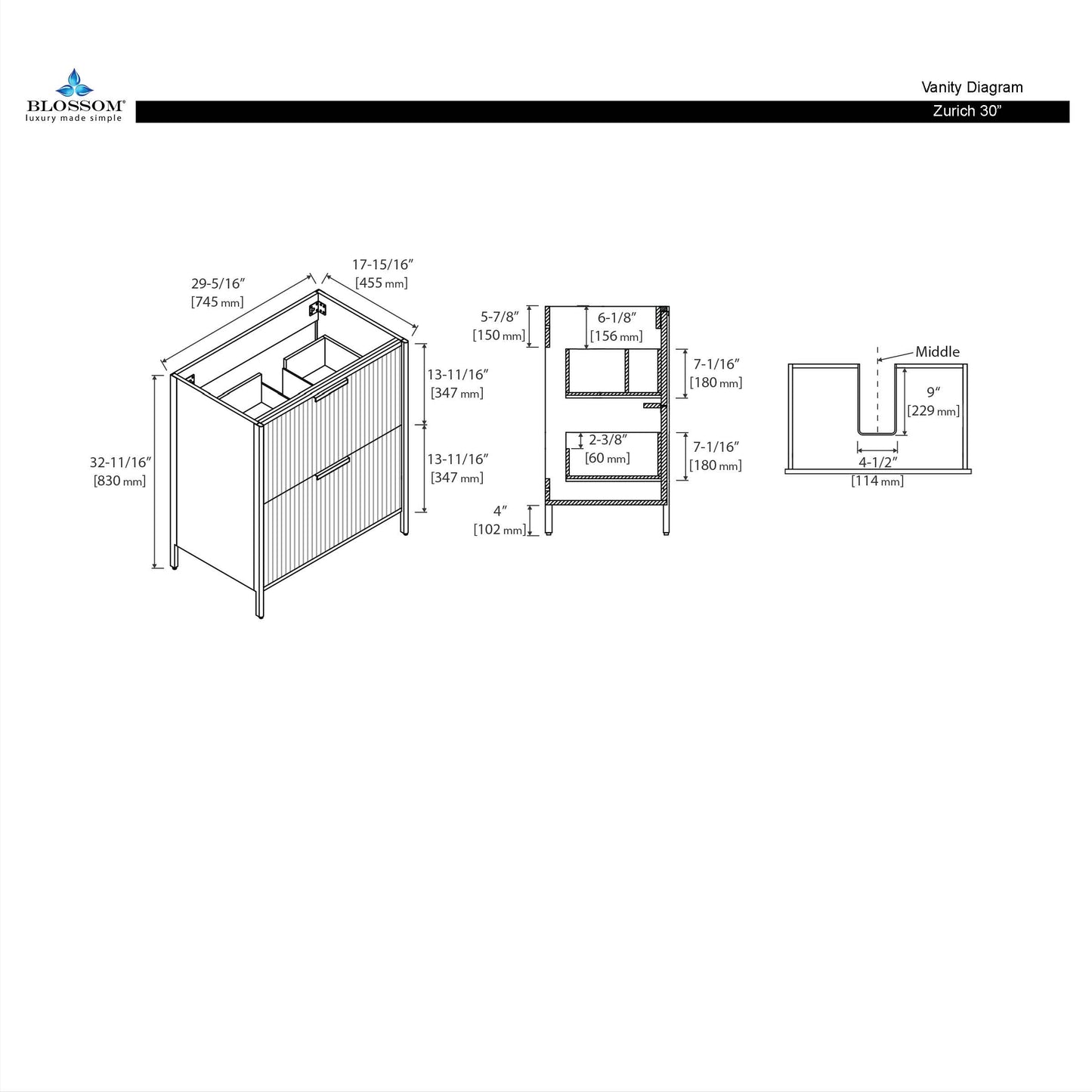 Zurich 30" Metal Grey Vanity, Soft-Close Drawers, Diagram