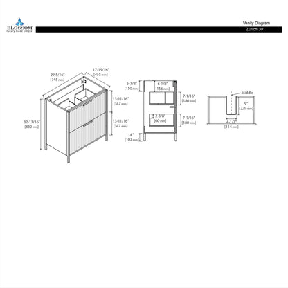 Zurich 30" Metal Grey Vanity, Soft-Close Drawers, Diagram