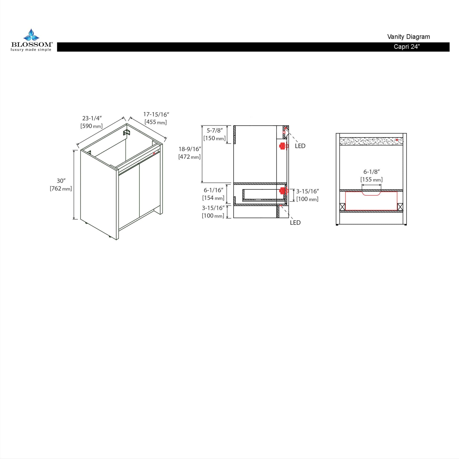 Blossom Capri 24″ Vanity with Dual LED Illumination, Glossy White, diagram