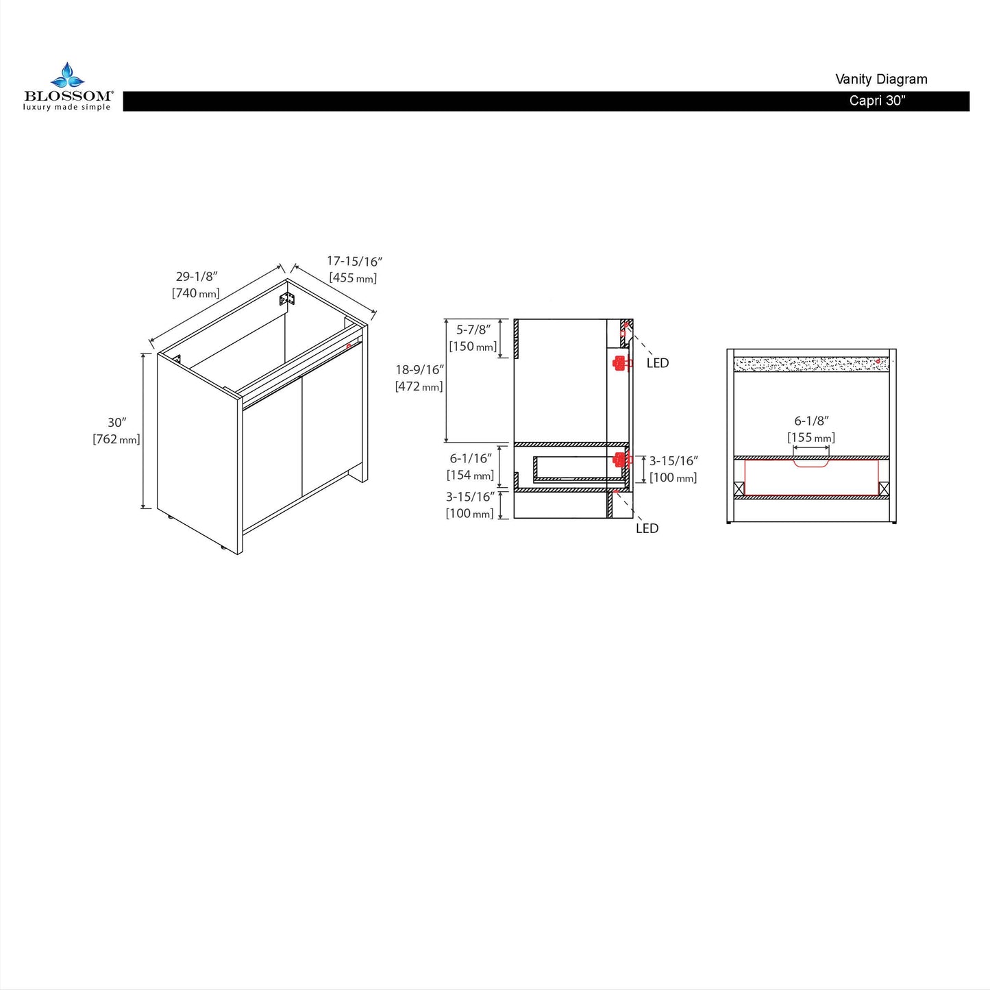 Blossom Capri 30″ Vanity with Dual LED Illumination, Glossy White, diagram