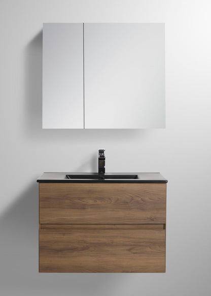 Blossom Assisi 30" Brown Walnut Vanity - Eco-Friendly Minimalist Design with Soft-Closing Drawers, Black Acrylic Basin, front