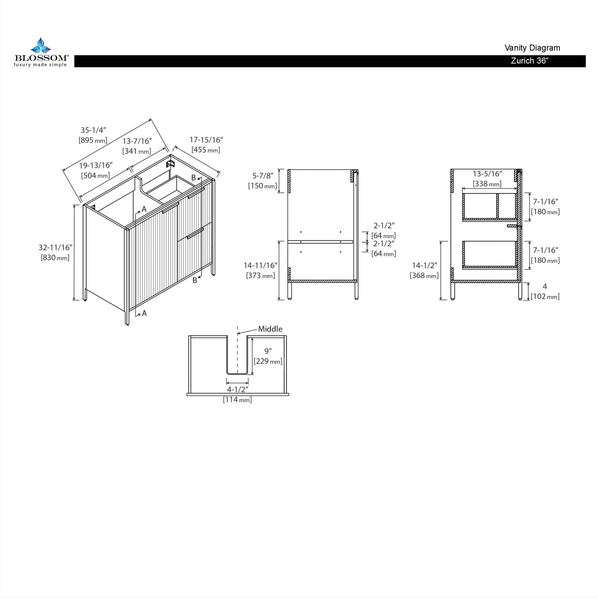 Blossom Zurich 36"  Glossy White Vanity, Soft-Close Drawers, Diagram