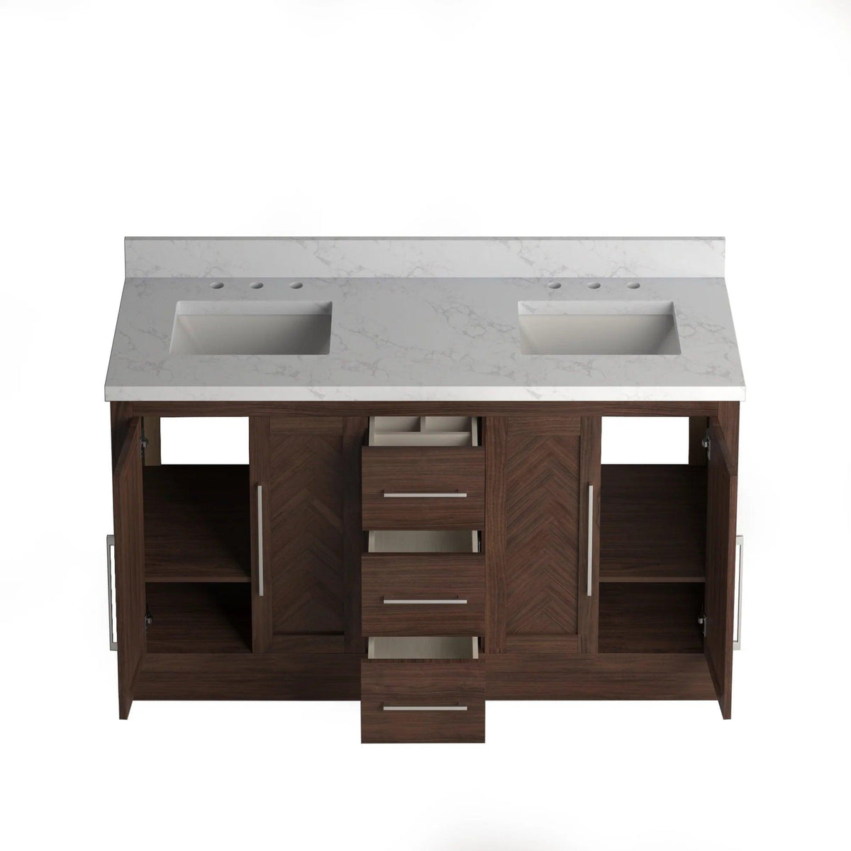 Double Freestanding Bath Vanity in Dark Oak - Up, Open