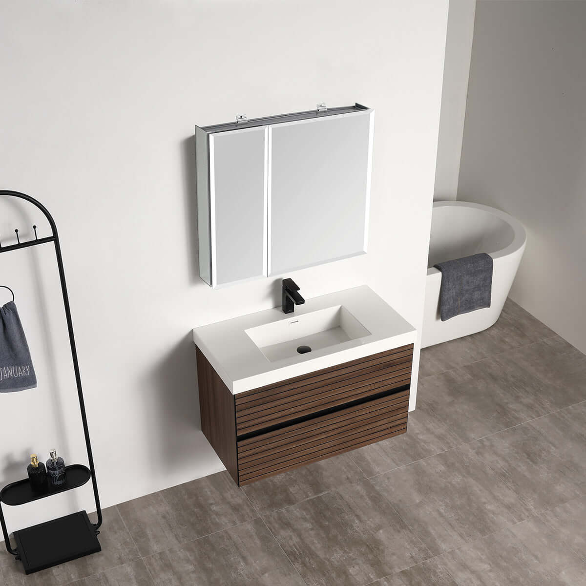 Blossom Annecy 36″ Wall-Hung Vanity - Modern Minimalist Design with Soft-Closing Drawers in Dark Walnut - up view