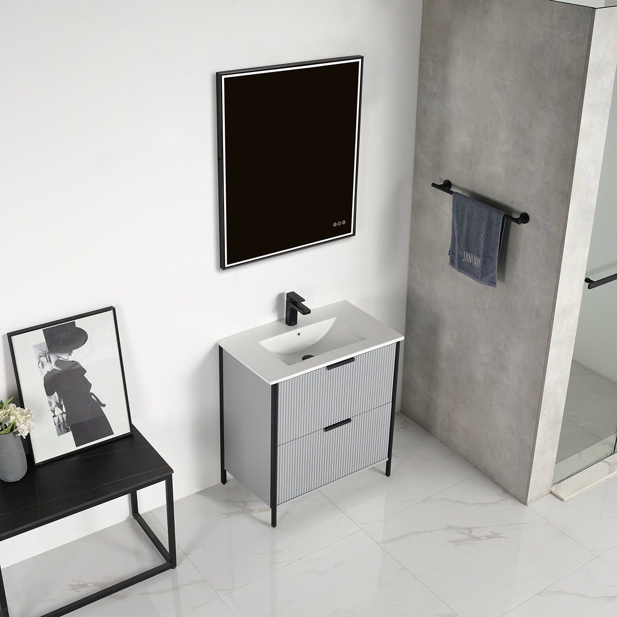 Zurich 30" Metal Grey Vanity, Soft-Close Drawers, ceramic Basin, Up