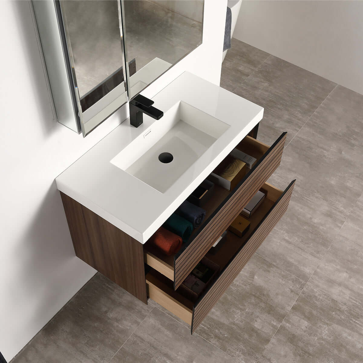 Blossom Annecy 36″ Wall-Hung Vanity - Modern Minimalist Design with Soft-Closing Drawers in Dark Walnut - acrylic basin, open,  up view