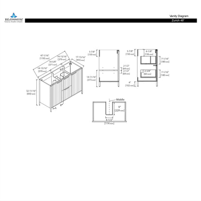 Blossom Zurich 48″ Vanity - Glossy White, Diagram