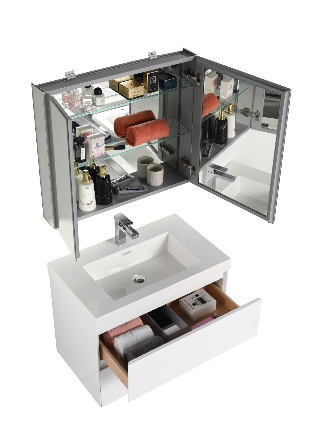 Blossom Assisi 30" Vanity - Eco-Friendly Minimalist Design with Soft-Closing Drawers, Glossy White, Acrylic Basin, side1