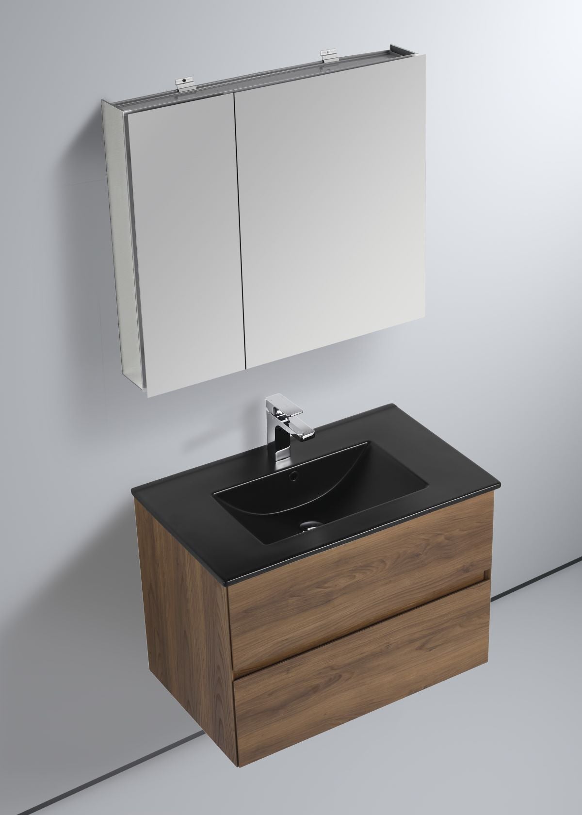 Blossom Assisi 30" Brown Walnut Vanity - Eco-Friendly Minimalist Design with Soft-Closing Drawers, Black Acrylic Basin, up