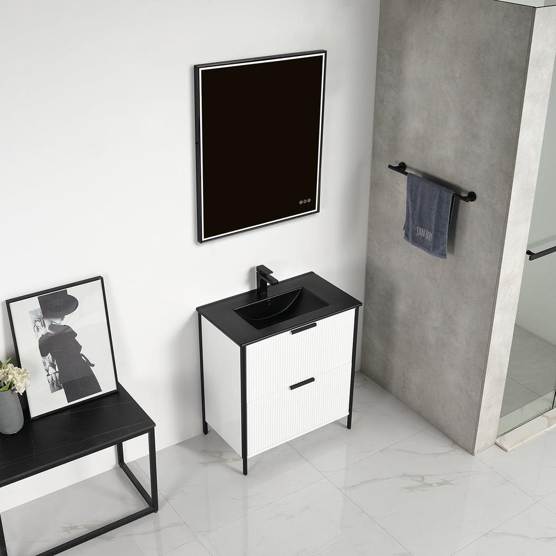Zurich 30" Glossy White Vanity, Soft-Close Drawers, Black Basin, front