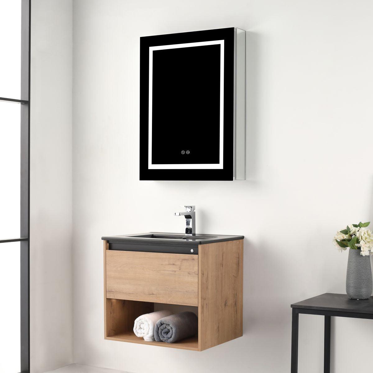 Blossom Classic Oak Walnut 24" Vanity, Dual LED Illumination, Adjustable Lighting, Black Basin, side