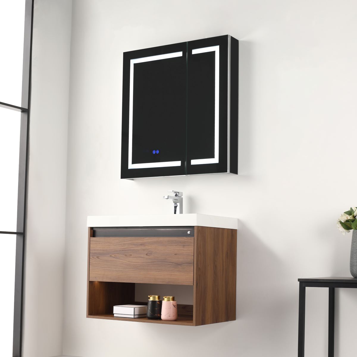 Blossom Bergen Brown Walnut 30" Vanity with Dual LED Illumination - Adjustable Lighting, Acrylic Basin, side