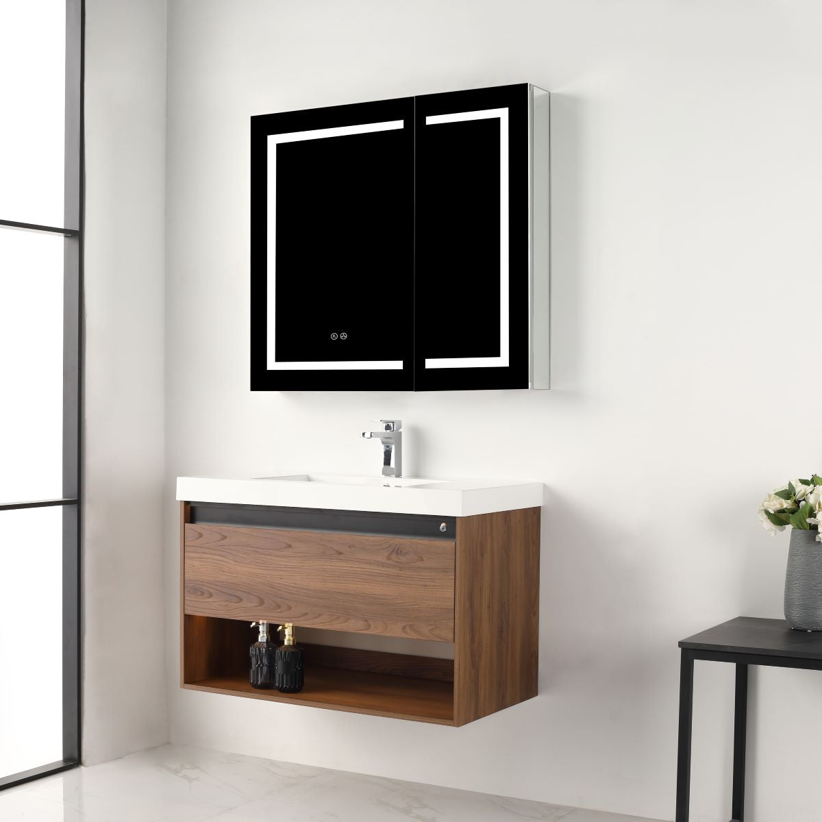 Blossom Bergen Brown Walnut 36" Vanity with Dual LED Illumination - Adjustable Lighting, Acrylic Basin, side