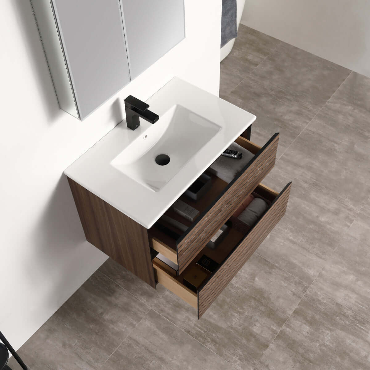 Blossom Annecy 30″ Wall-Hung Vanity - Modern Minimalist Design with Soft-Closing Drawers in Dark Walnut and Maple