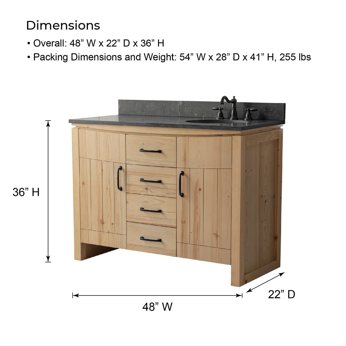 Freestanding Bath Vanity with Blue Limestone Countertop - Dimensions