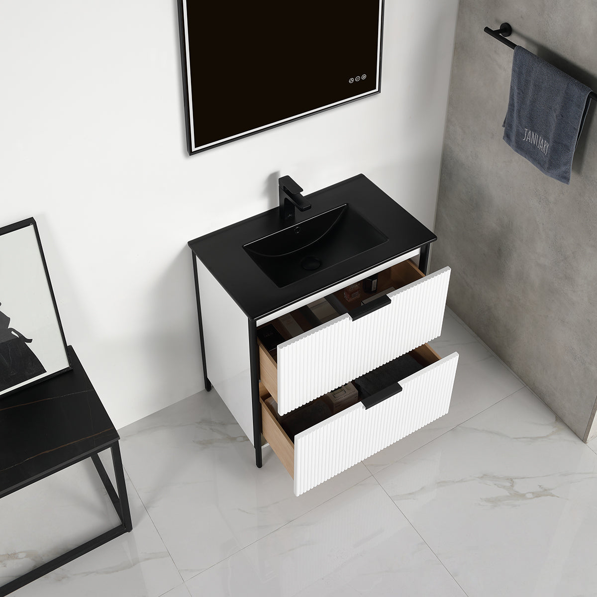 Zurich 30" Glossy White Vanity, Soft-Close Drawers, Black Basin, open