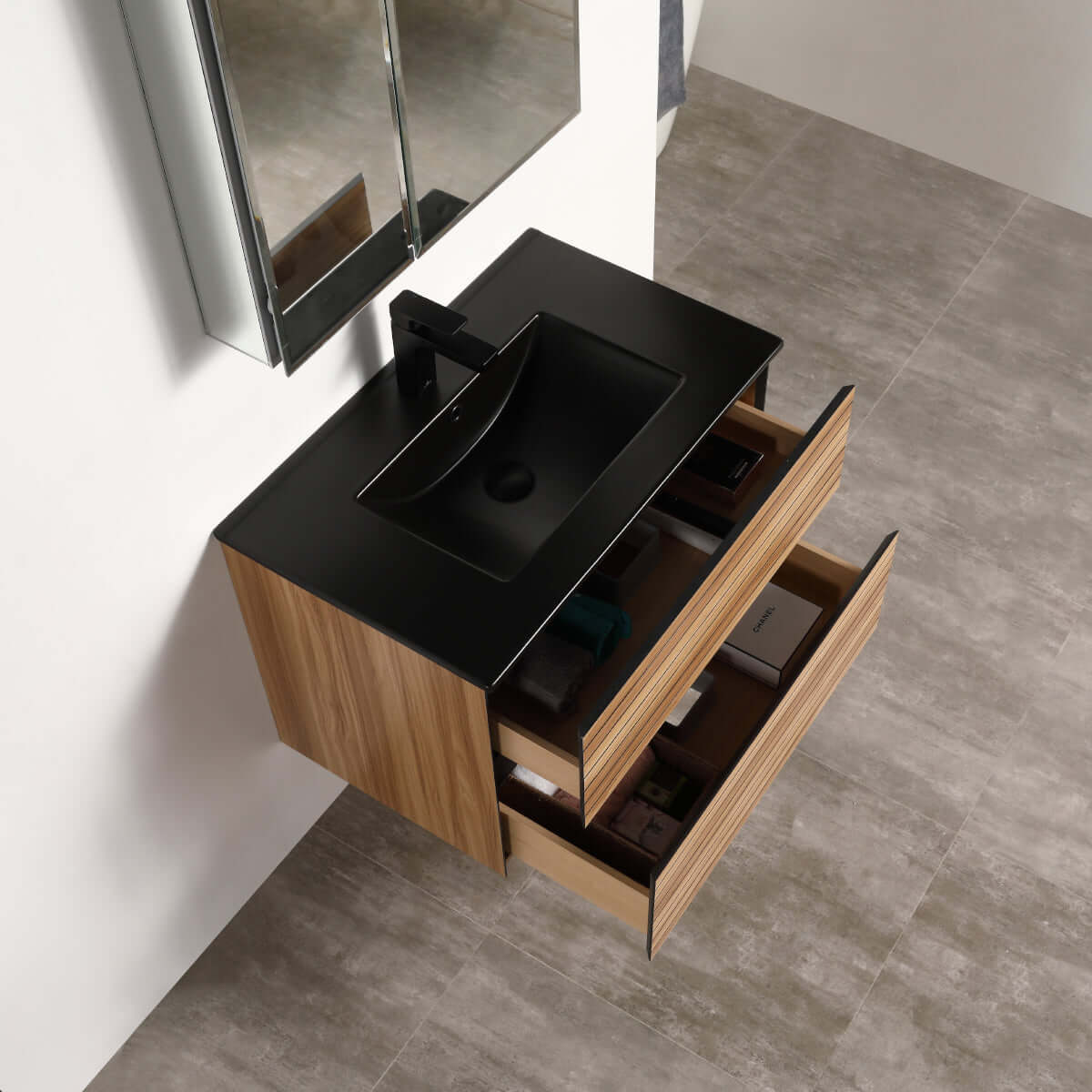 Blossom Annecy 30″ Wall-Hung Vanity - Modern Minimalist Design with Soft-Closing Drawers in Dark Walnut and Maple