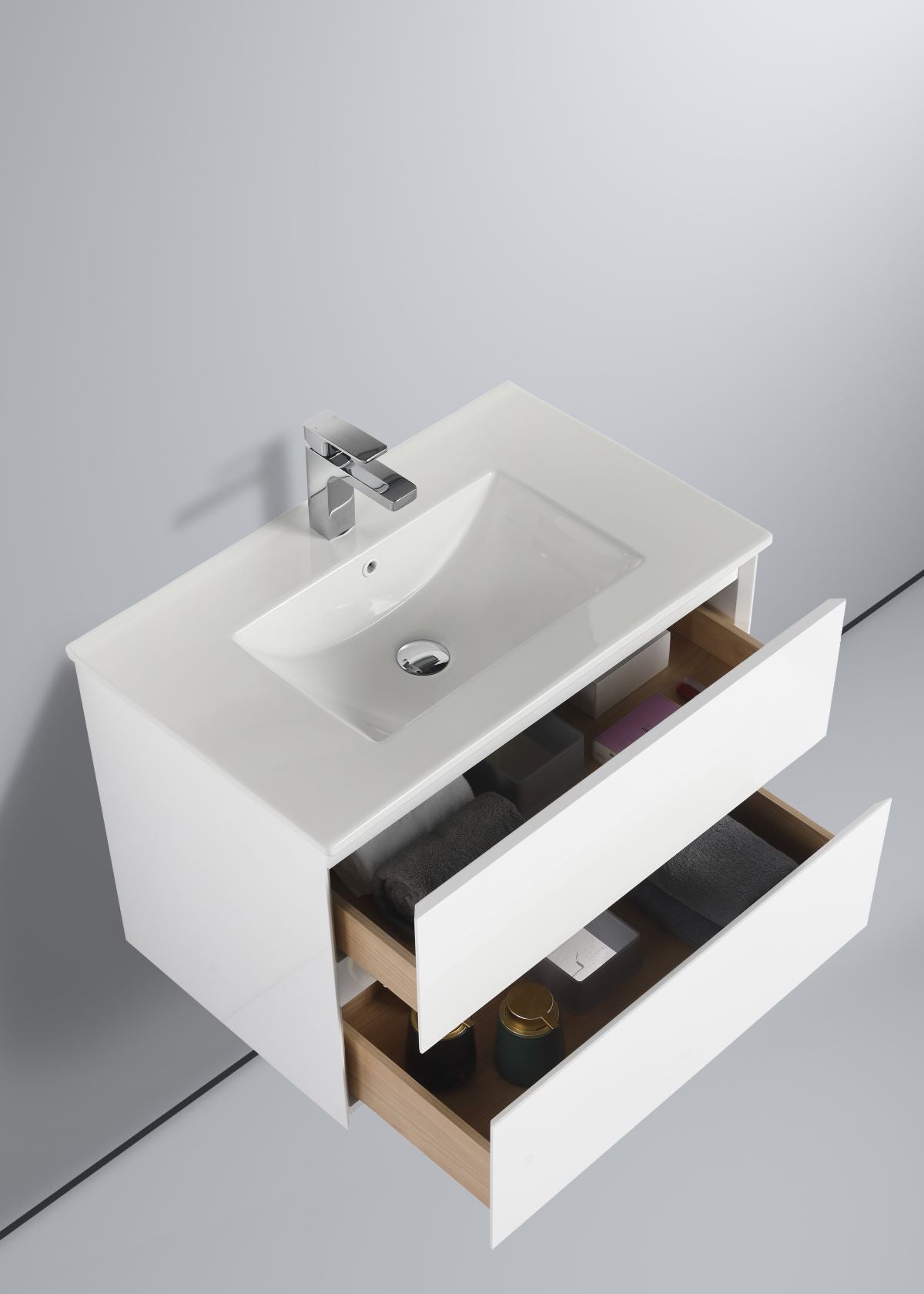 Blossom Assisi 30" White Vanity - Eco-Friendly Minimalist Design with Soft-Closing Drawers, White Acrylic Basin, open