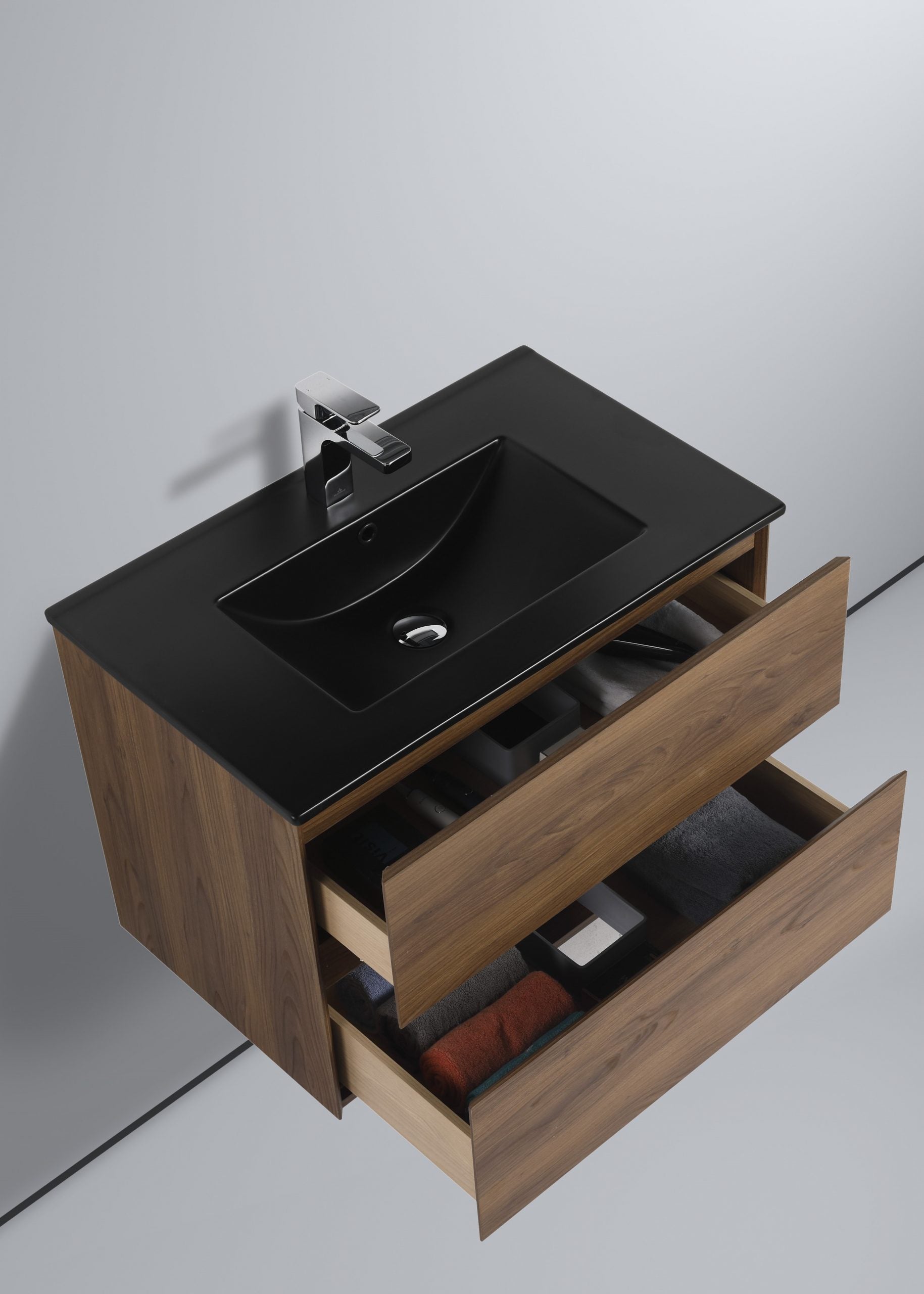 Blossom Assisi 30" Brown Walnut Vanity - Eco-Friendly Minimalist Design with Soft-Closing Drawers, Black Ceramic Basin, 