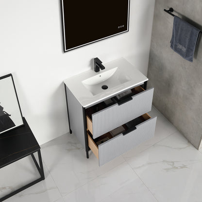 Zurich 30" Metal Grey Vanity, Soft-Close Drawers, Ceramic Basin, open