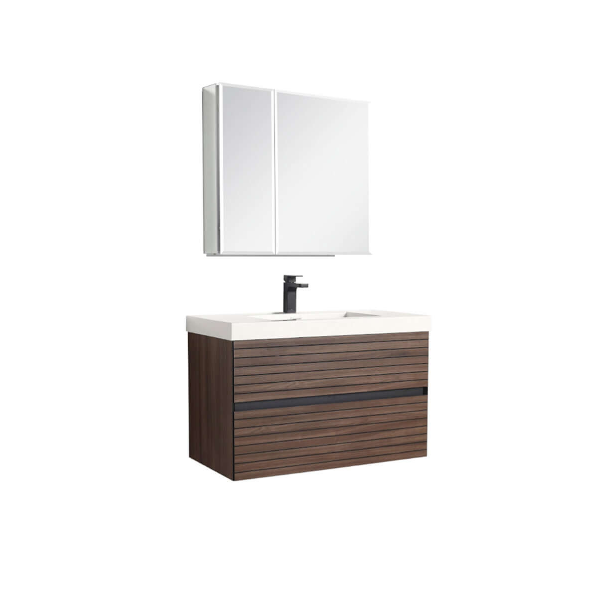 Blossom Annecy 36″ Wall-Hung Vanity - Modern Minimalist Design with Soft-Closing Drawers in Dark Walnut - acrylic basin, side view