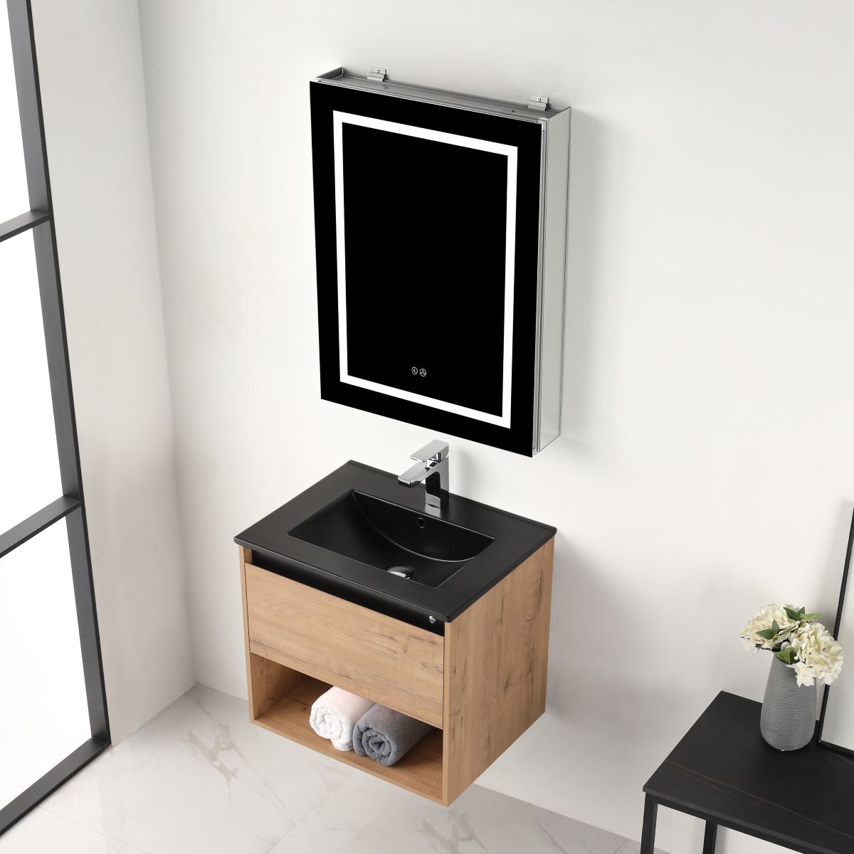 Blossom Classic Oak Walnut 24" Vanity, Dual LED Illumination, Adjustable Lighting, Black Basin, up side